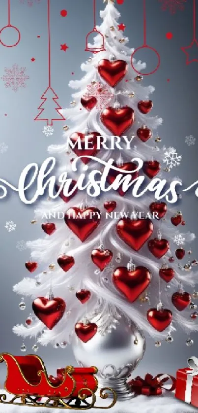 Festive Christmas tree with red heart ornaments and greeting text.