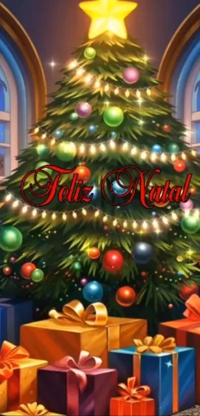 Christmas tree with gifts and lights, 'Feliz Natal' text overlay.