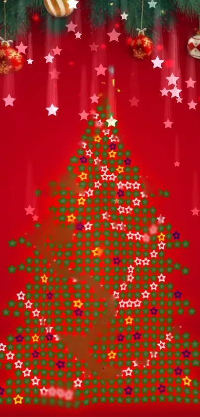 Bright Christmas tree mobile wallpaper with stars and ornaments.