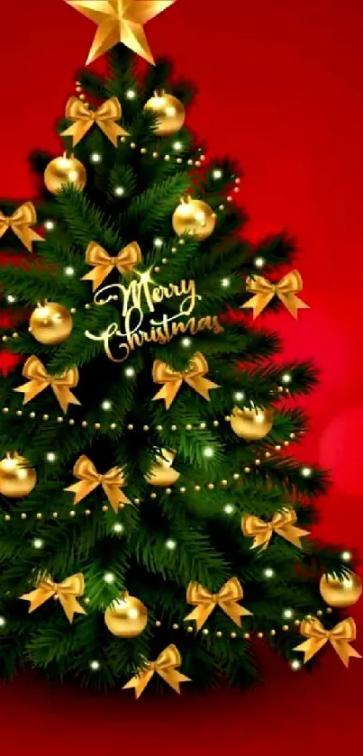 Vibrant Christmas tree with golden decor and Merry Christmas text.