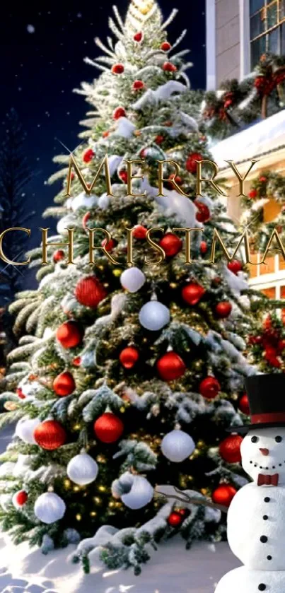 A festive Christmas tree with decorations and a snowman in snowy setting.