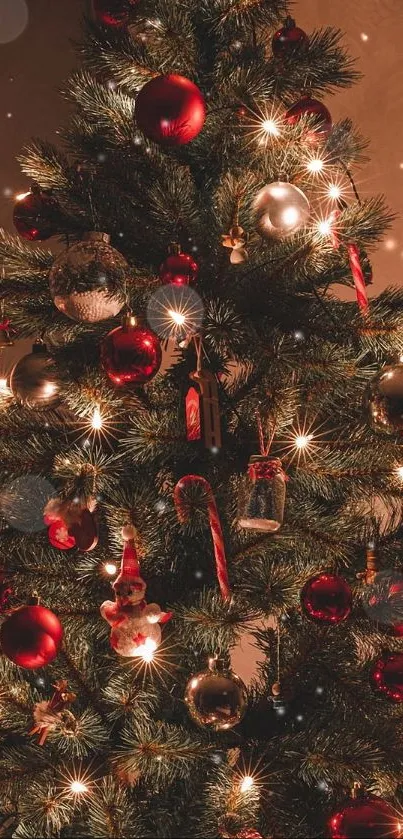 Festive Christmas tree with ornaments and lights creating a warm holiday ambiance.