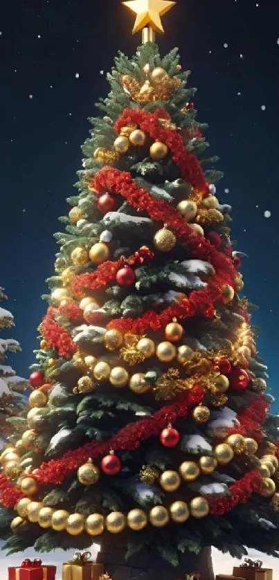 Christmas tree with lights and ornaments in snowy setting.