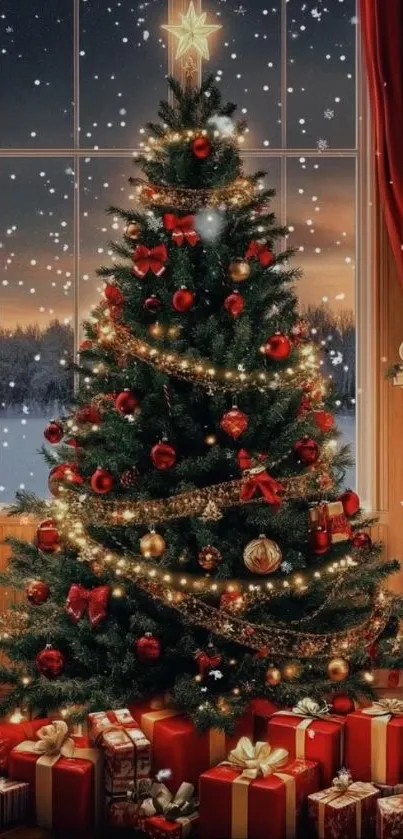 Christmas tree with lights and gifts by a window with falling snow.