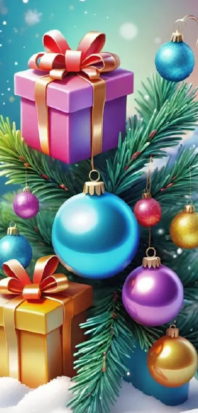Festive Christmas tree with colorful ornaments and gifts on a snowy background.