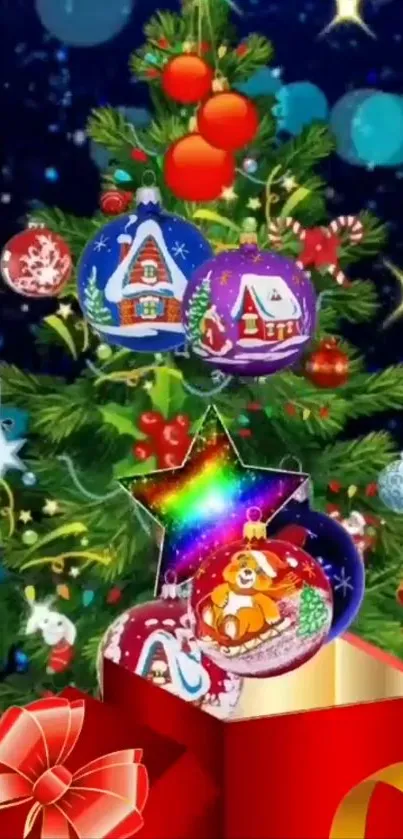 Festive Christmas tree with colorful decorations and ornaments.