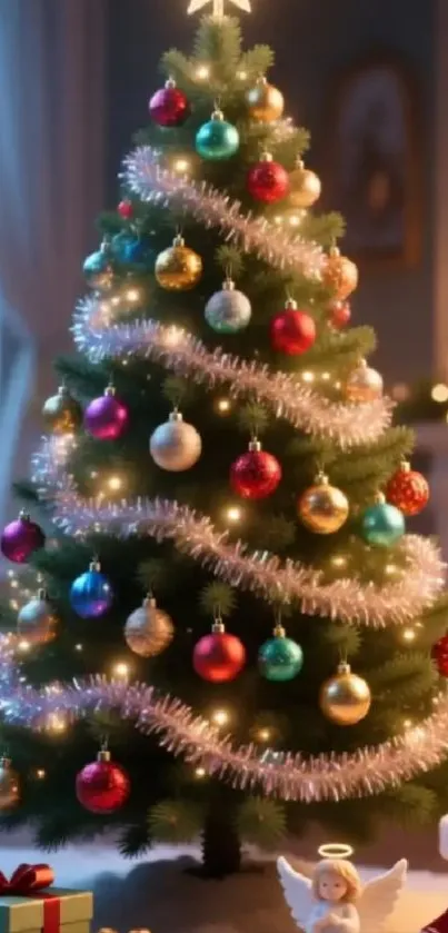 Festive Christmas tree with ornaments and lights.