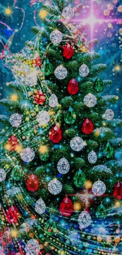 Sparkling Christmas tree with colorful ornaments and festive lights