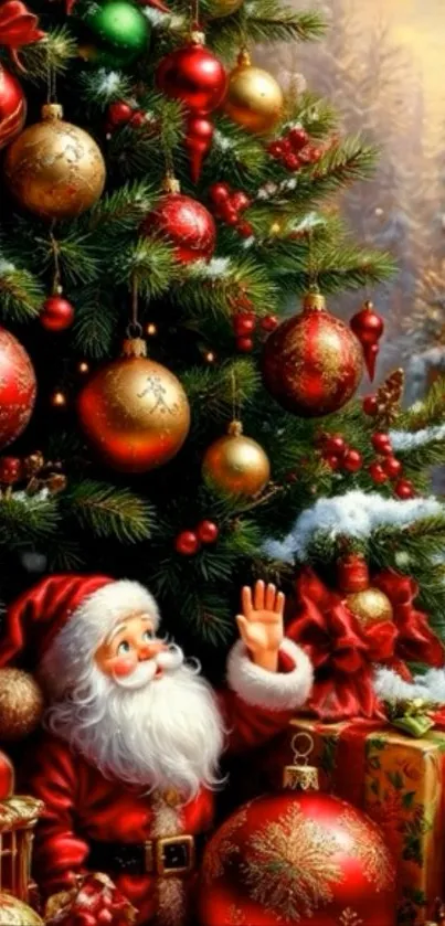 Festive wallpaper with Santa and Christmas tree in a snowy setting.