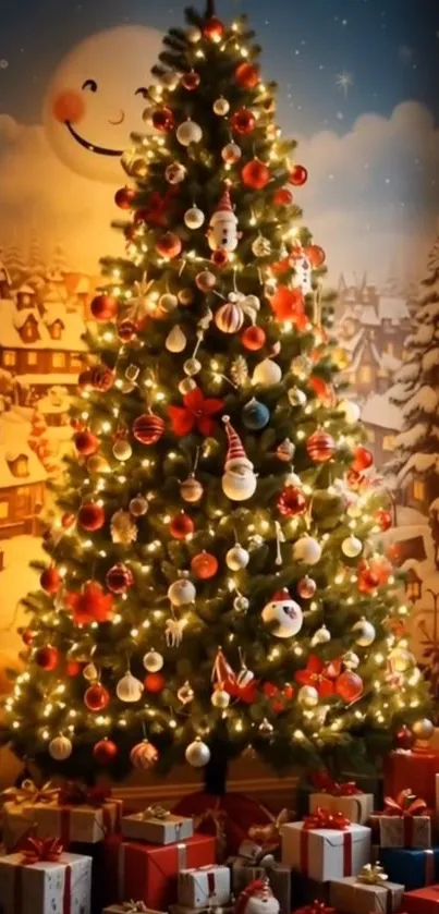Brightly decorated Christmas tree with gifts under a snowy village backdrop.