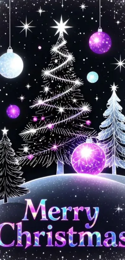 Festive Christmas tree with lights and ornaments on a snowy background.