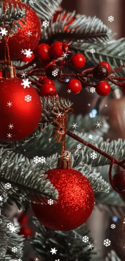 Close-up of a decorated Christmas tree with red and silver ornaments.