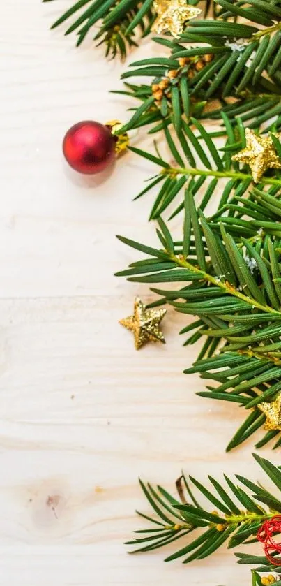 Festive Christmas wallpaper with pine branches and holiday decor.