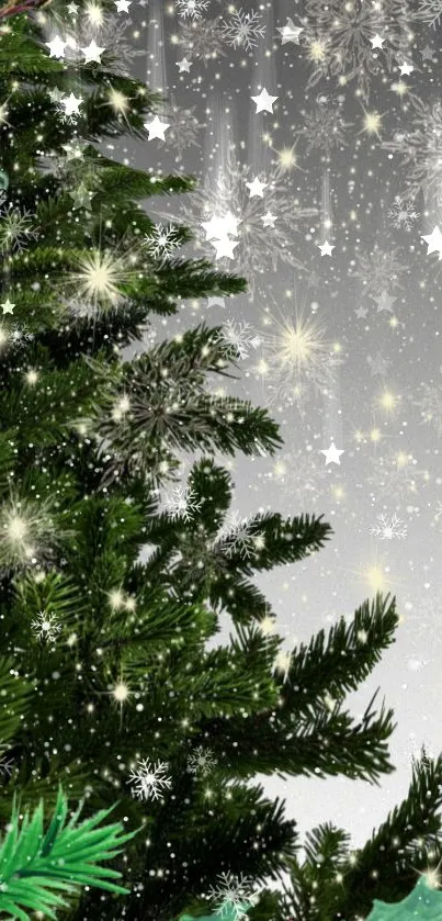 Christmas tree with snowflakes and stars on a festive mobile wallpaper.