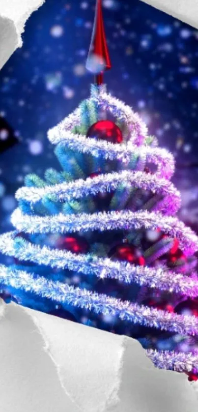 Shimmering spiral Christmas tree wallpaper with vibrant blue background.