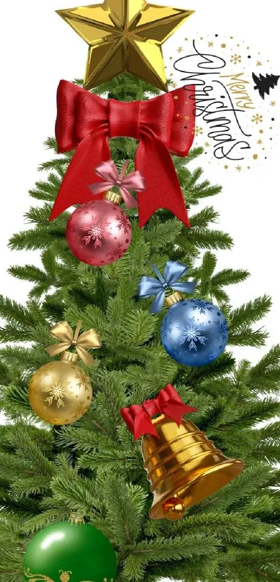 Decorated Christmas tree with festive ornaments and a shining star on top.