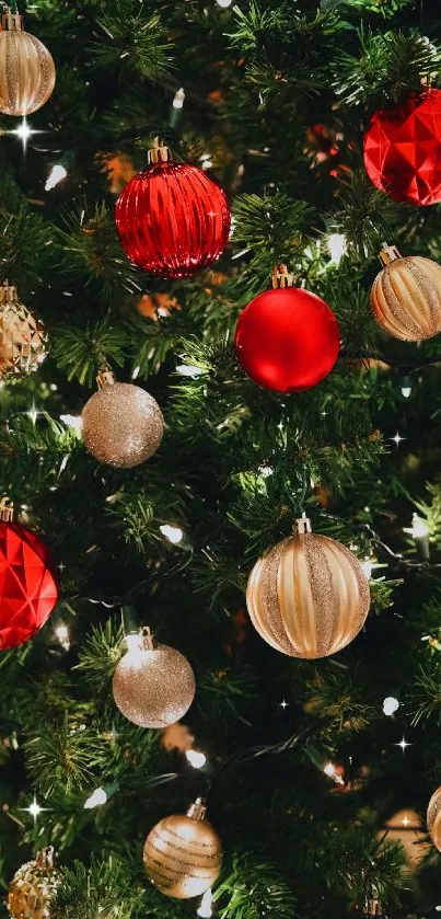 Festive Christmas tree with red and gold baubles.