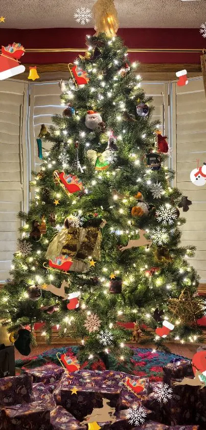 Brightly lit Christmas tree with gifts and festive decorations.