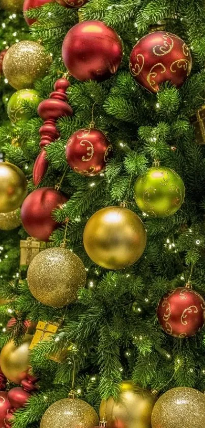 Festive Christmas tree with red and gold baubles.