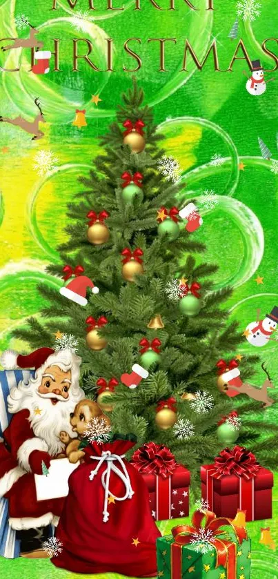 Christmas tree wallpaper with Santa and gifts in a green festive setting.