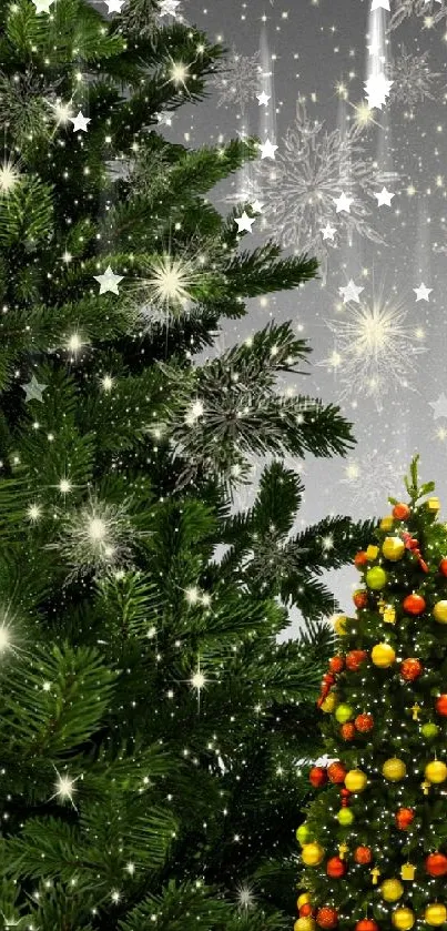 Festive Christmas tree with snowflakes on a gradient background.