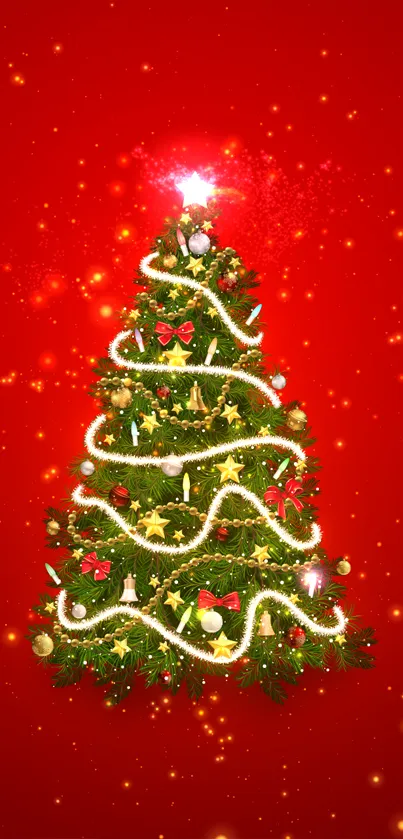 Beautifully decorated Christmas tree with lights against a red background.