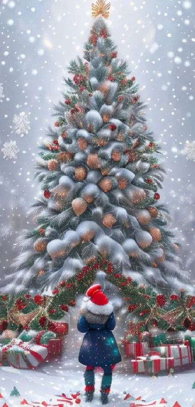 Person in hat admires snow-covered Christmas tree with gifts underneath.