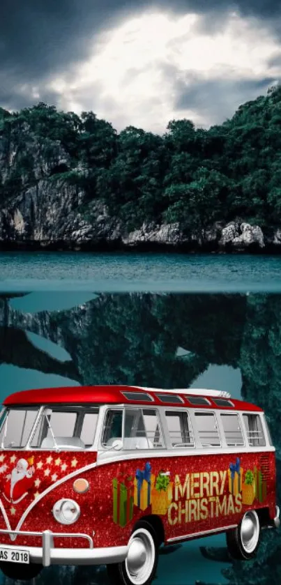 Christmas-themed van by a scenic lake with trees and reflections.