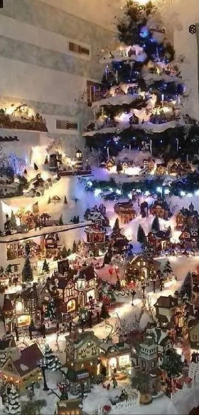 Illuminated Christmas village beneath decorated tree.