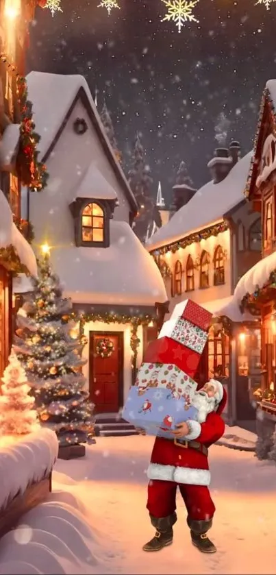 Santa holds gifts in a snowy village, surrounded by Christmas lights.