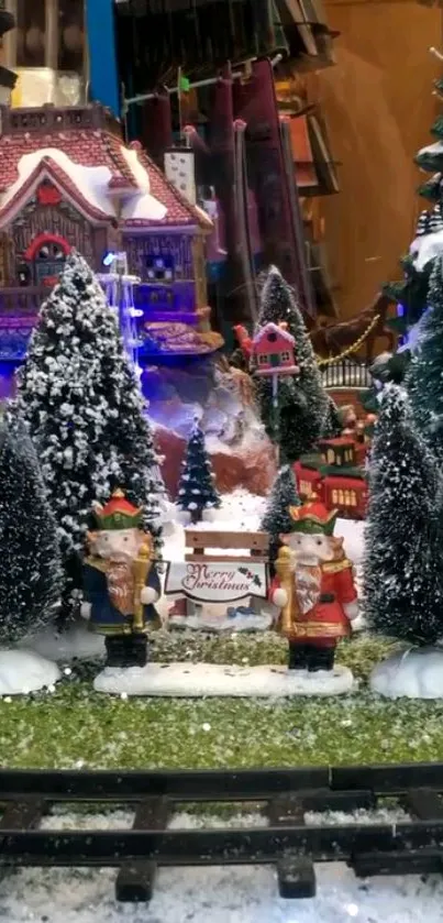 Festive Christmas village scene with snow-covered cottages and trees.