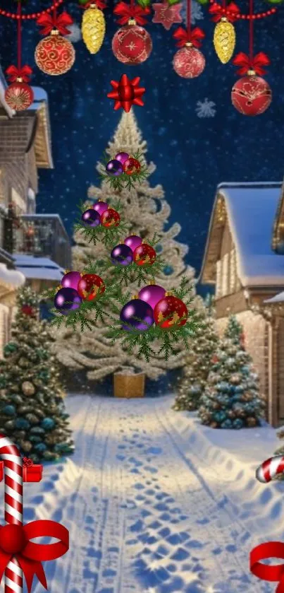 Festive Christmas village with snowy trees and decorations.