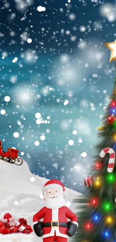 Christmas wallpaper with Santa, tree, gifts, and snow.