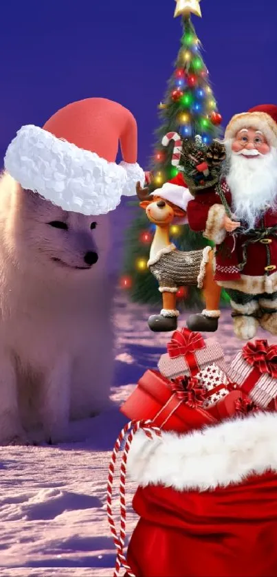 Christmas wallpaper with Santa, fox, and tree