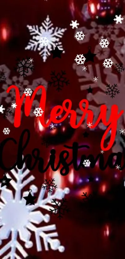 Merry Christmas mobile wallpaper with snowflake design on red background.