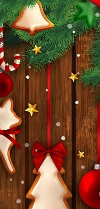 Christmas decor with cookies and ornaments on a wooden background.