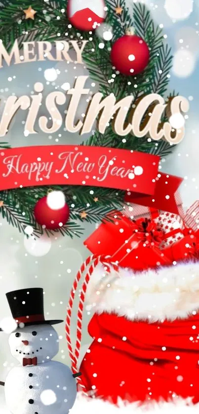 Christmas wallpaper with snowman and red decorations.