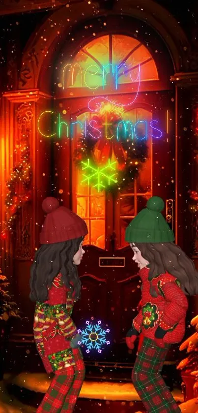 Festive Christmas scene with two girls in front of door with neon lights and snow.