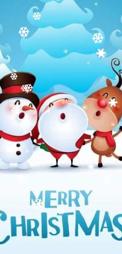 Cheerful Christmas wallpaper with snowmen, Santa, and reindeer in a snowy scene.