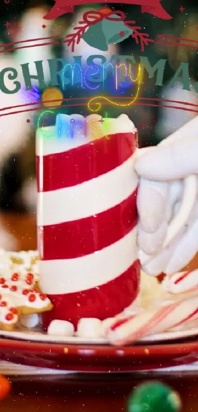 A festive Christmas scene with Santa hats, a candy cane mug, and cookies.