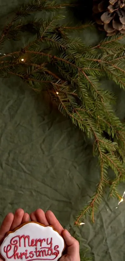 Merry Christmas cookie with fir branches on olive background.