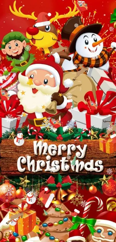 Vibrant Christmas wallpaper with Santa and festive decorations.