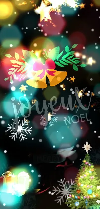 Festive Christmas wallpaper with colorful bells and holiday decorations.