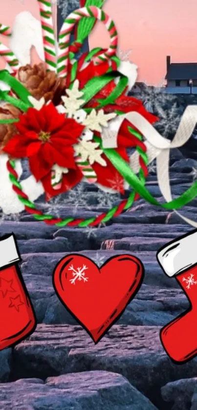 Festive Christmas wallpaper with stockings, ribbons, and rocky background.