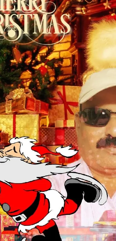 Vibrant Christmas wallpaper with Santa, gifts, and decorations.