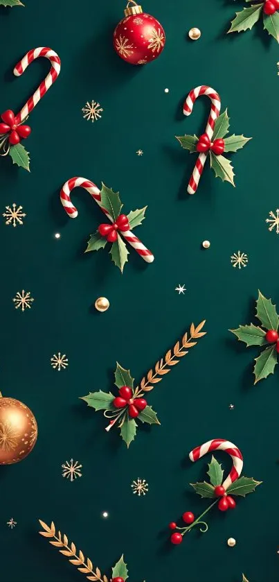 Festive Christmas wallpaper with candy canes and holly leaves on green background.