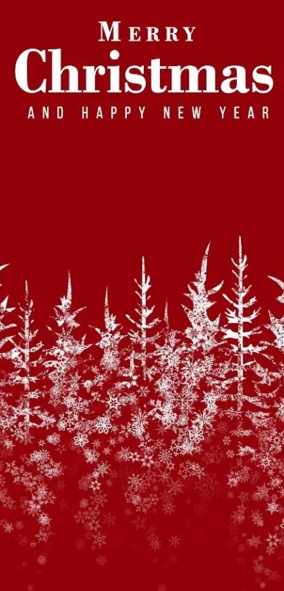 Red Christmas wallpaper with white snowflakes and trees.