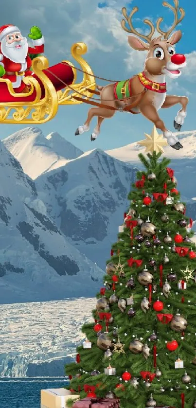 Santa in a sleigh with reindeer flying over a Christmas tree by snowy mountains.
