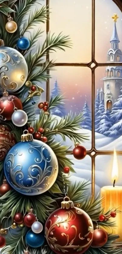 Christmas ornament display by cozy candlelight in winter.