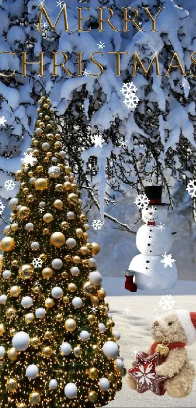Christmas tree with snowman in snowy landscape.